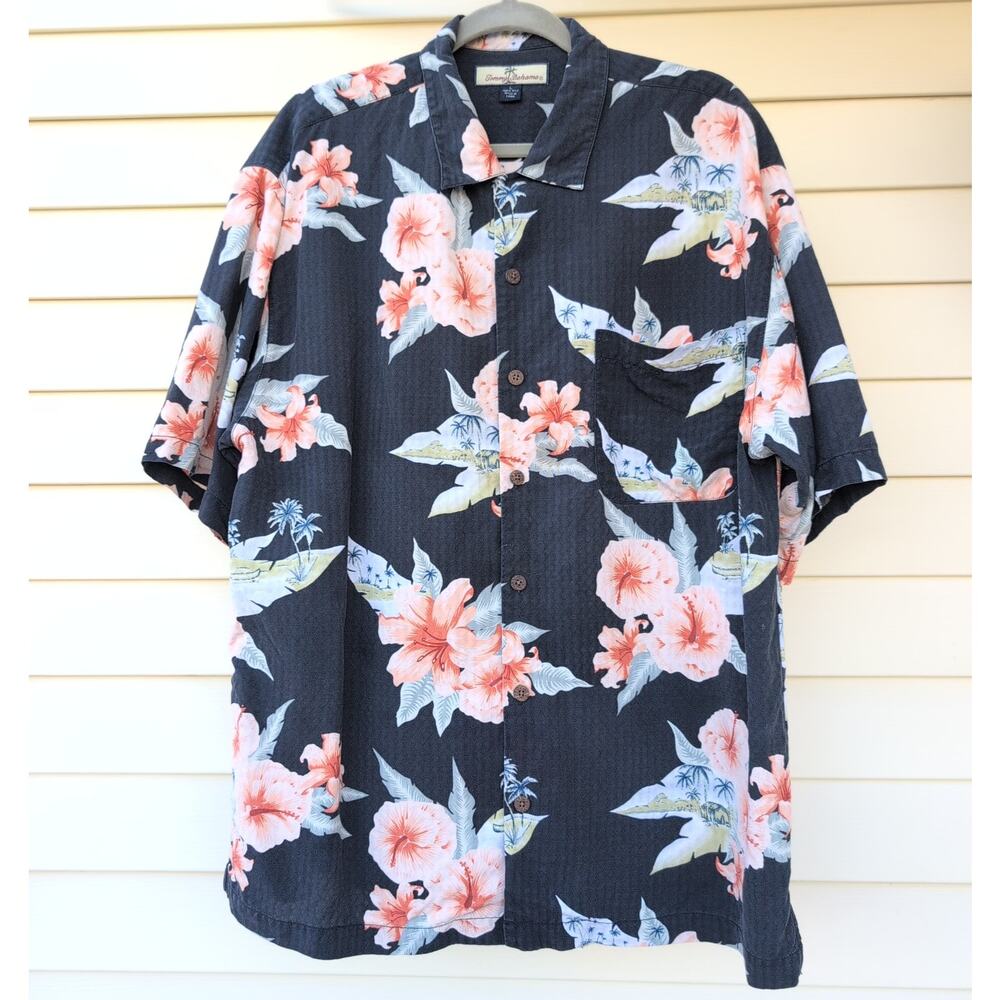 Tommy Bahama 100% Silk Hawaiian Tropical Coastal Button Up Shirt Men's XL